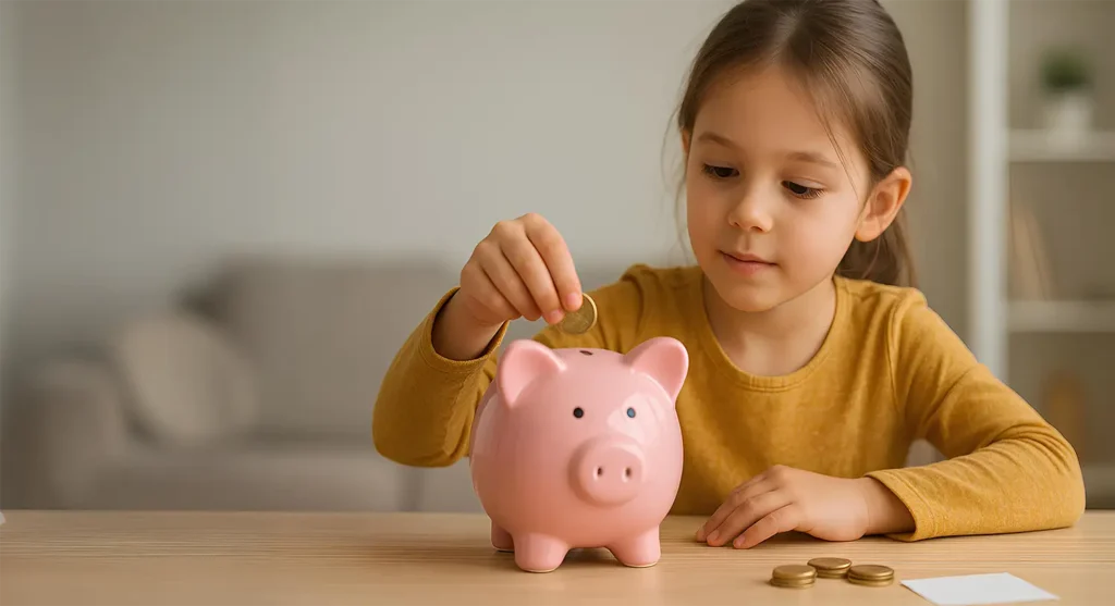 Young girl dropping change into a piggy bank