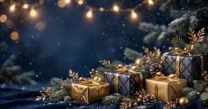 Holiday gifts in navy and gold — Sweet Home FCU Holiday Loan Special